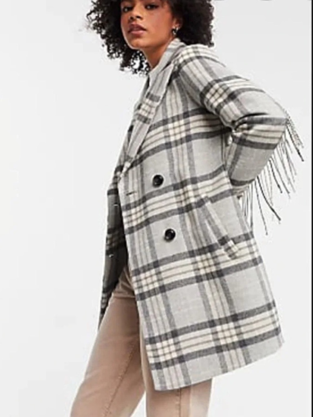 Gianni Feraud Femme Gray Plaid Wool Blend Western Fringe Peacoat Size 4